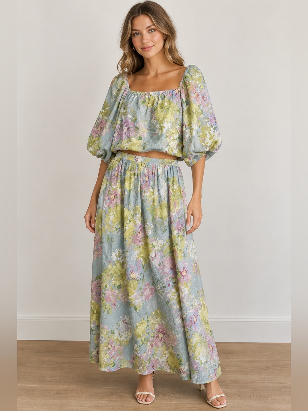 Calypso St. Barth Pastel Blue and Green Floral Maxi Skirt and top